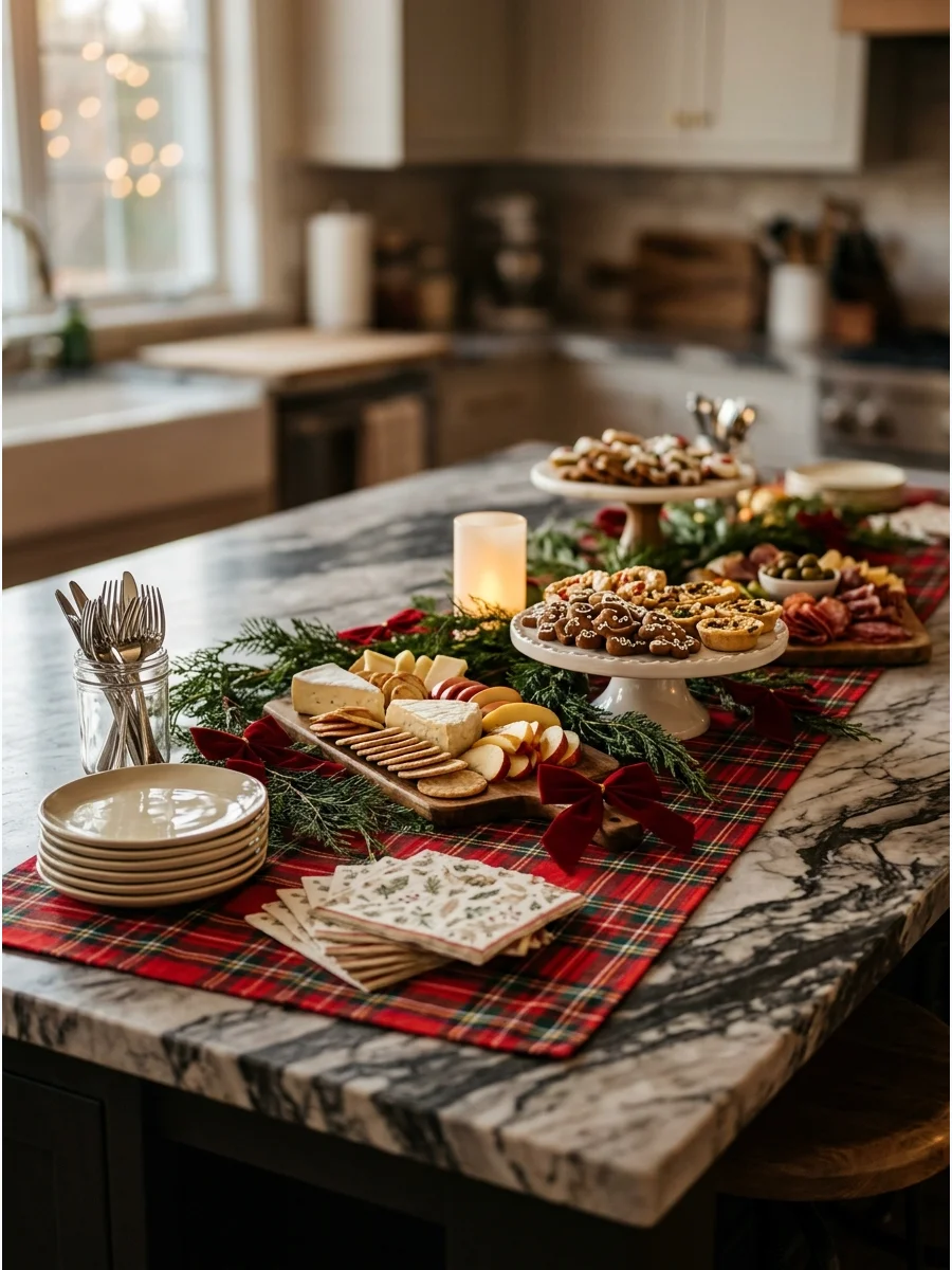 A kitchen island organized for a Christmas party with a festive runner and snack boards.