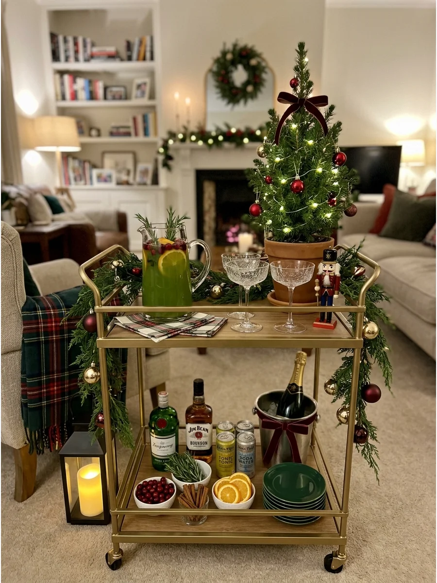 A gold rolling bar cart styled for a Christmas party with drinks and holiday decor.