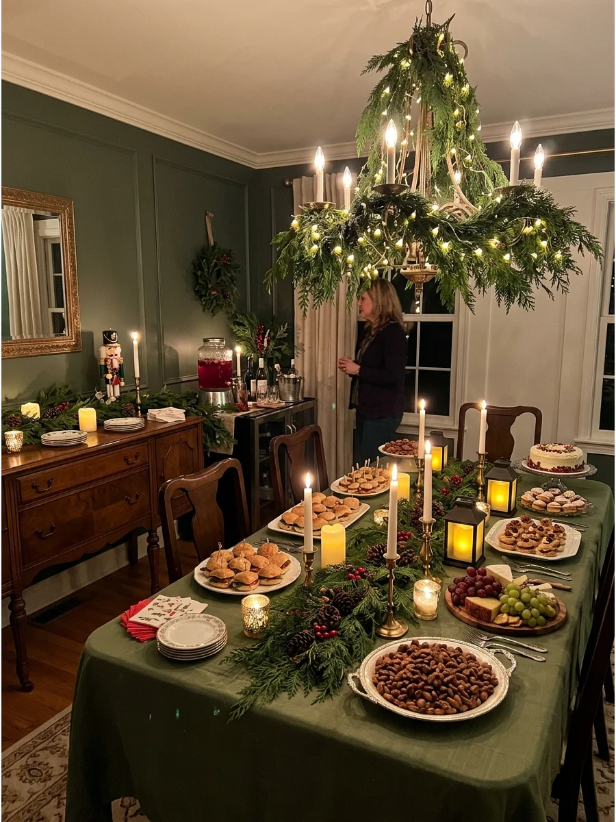 A dining room fully decorated for a Christmas party with a garland-wrapped chandelier.