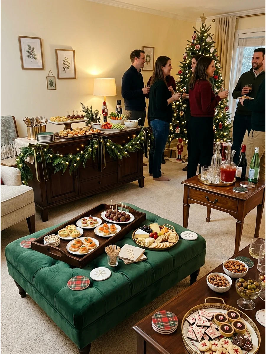 A living room arranged for a Christmas party with food trays on ottomans and coffee tables.