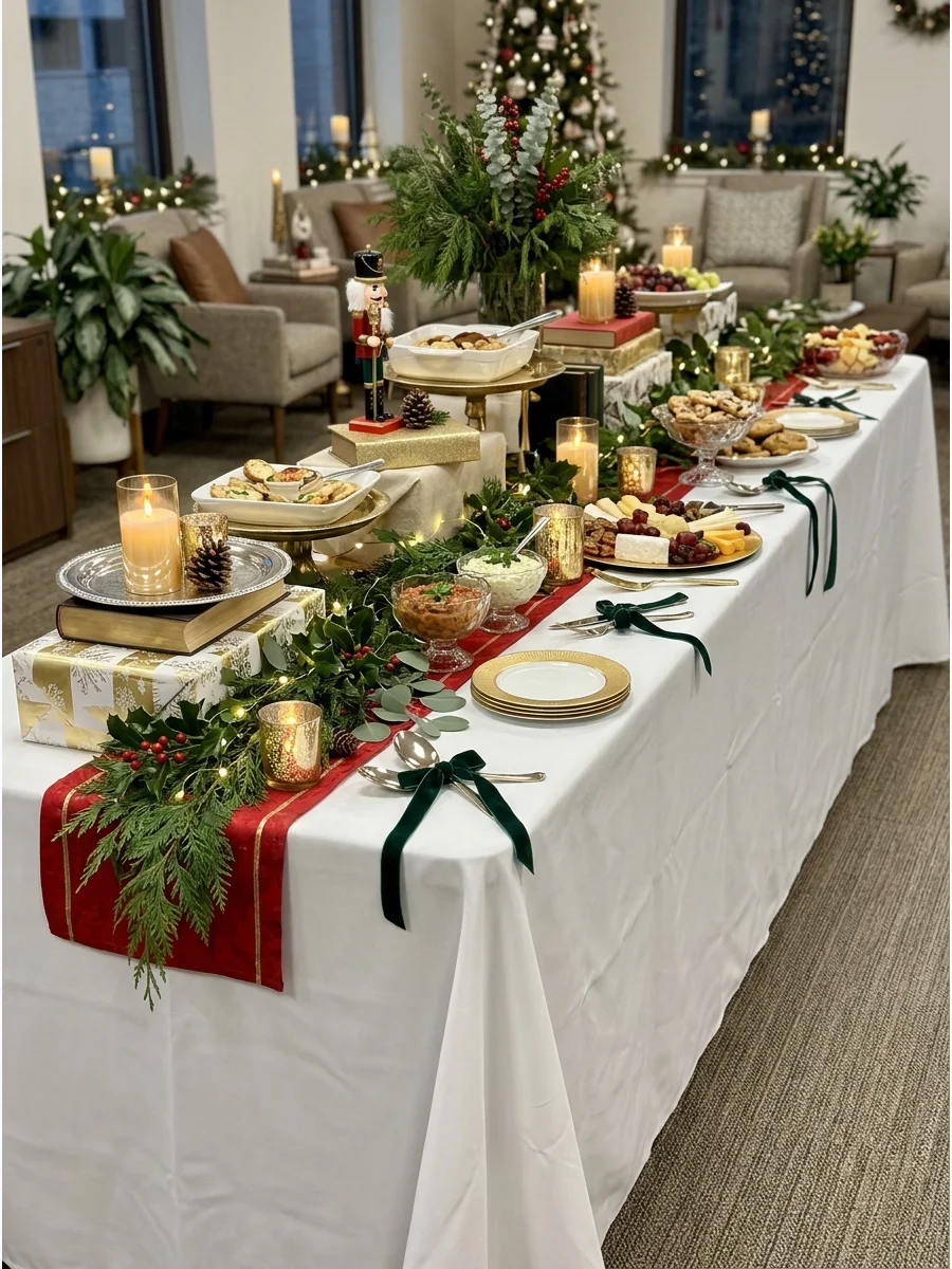 A folding table transformed into an elegant Christmas buffet with long linens and greenery.
