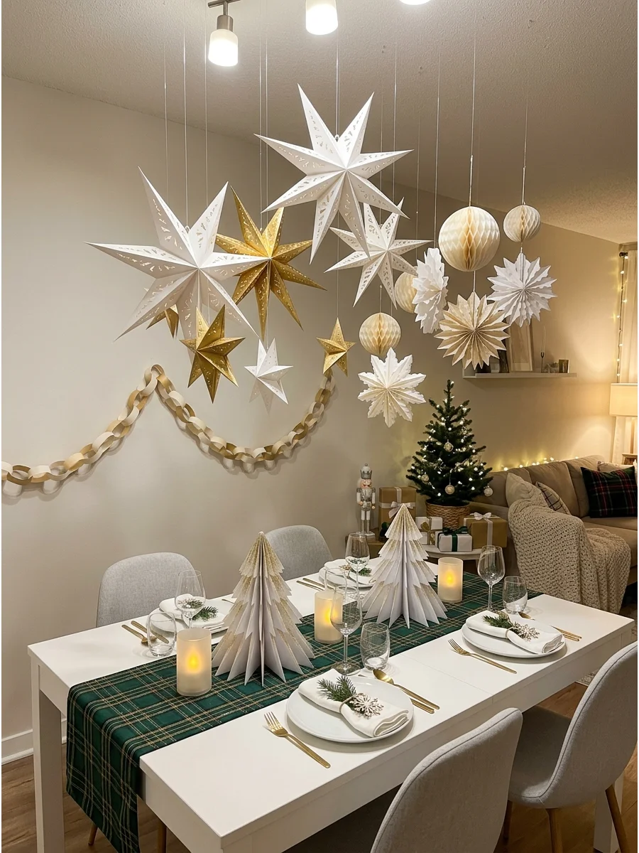A small apartment decorated with hanging white paper stars for a Christmas party.