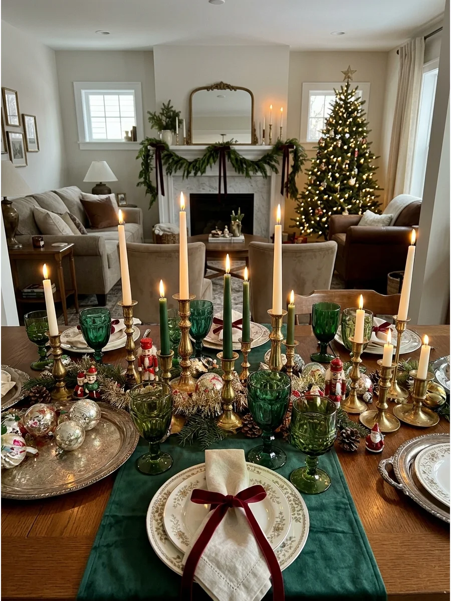 A Christmas table setup featuring vintage brass candleholders and mismatched glassware.