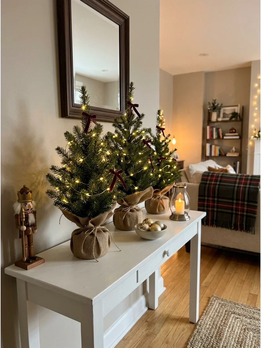 A group of mini Christmas trees arranged on a console table in a small apartment.