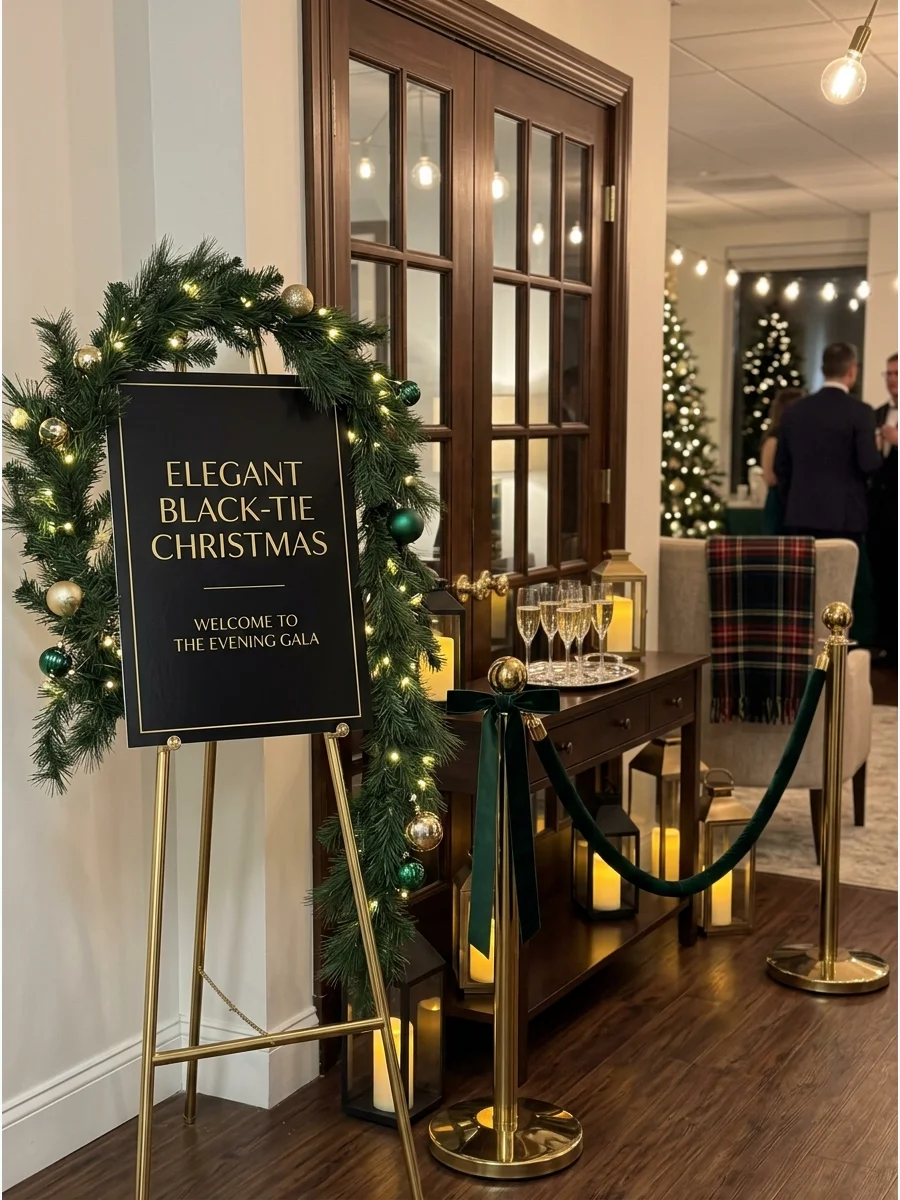 A formal black and gold Christmas party entrance with a welcome sign on an easel.
