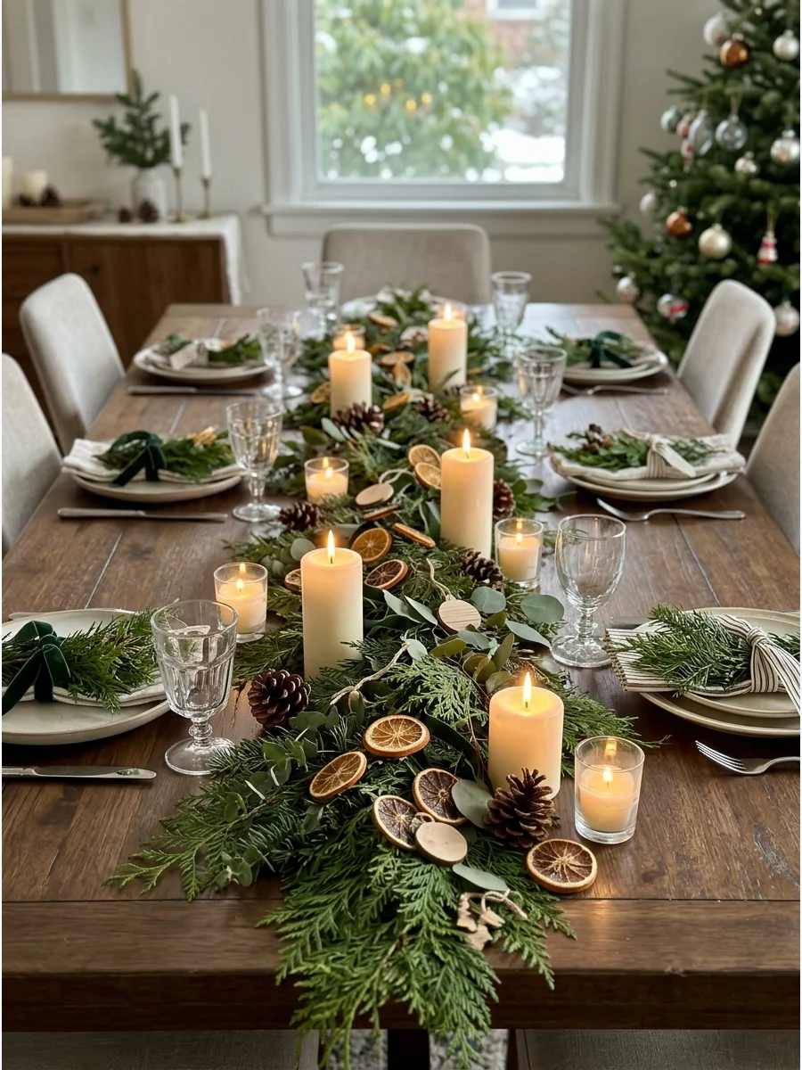 A natural Christmas party table set with evergreen branches and dried citrus.