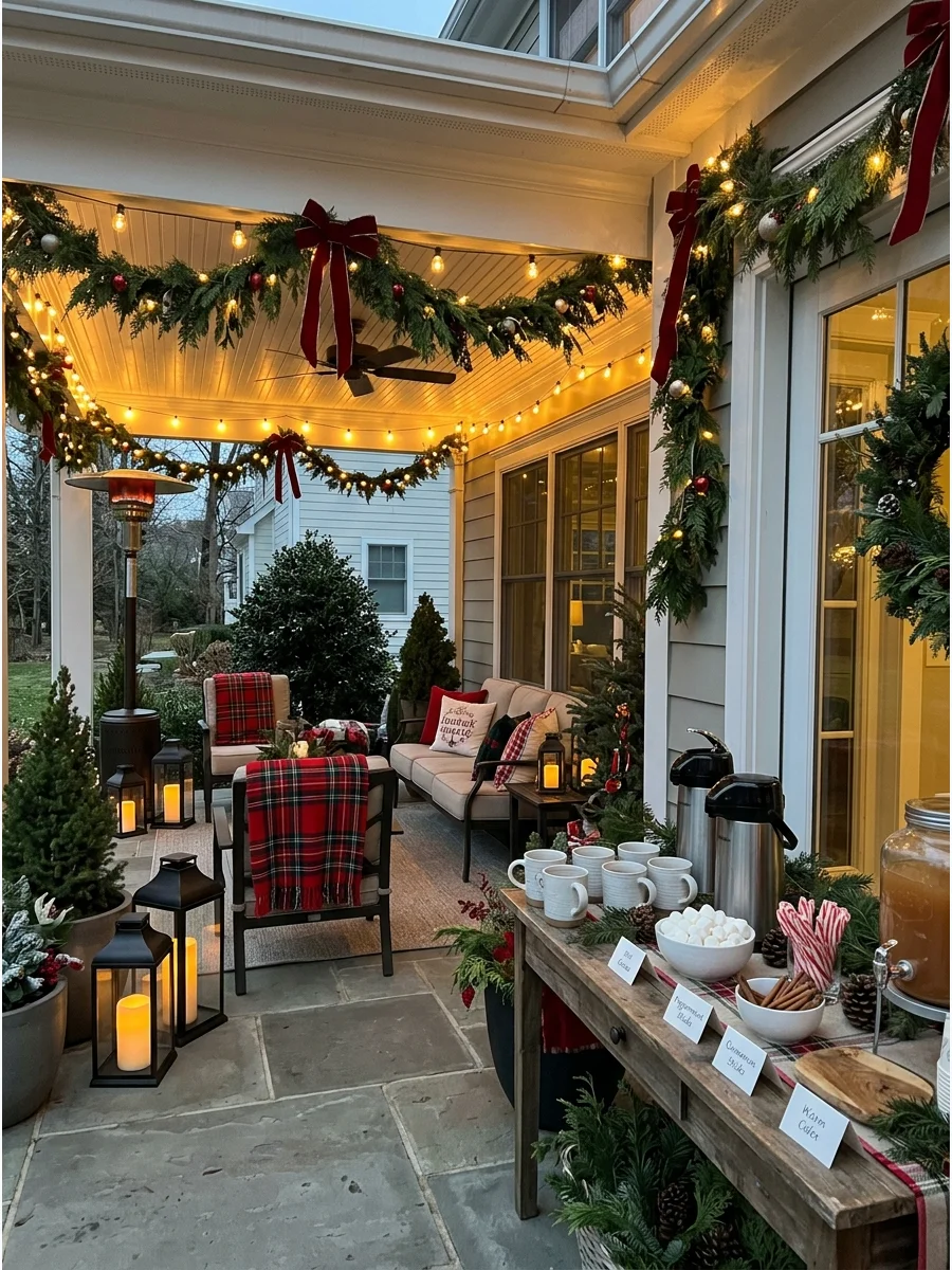 A festive covered patio setup with blankets and lanterns.