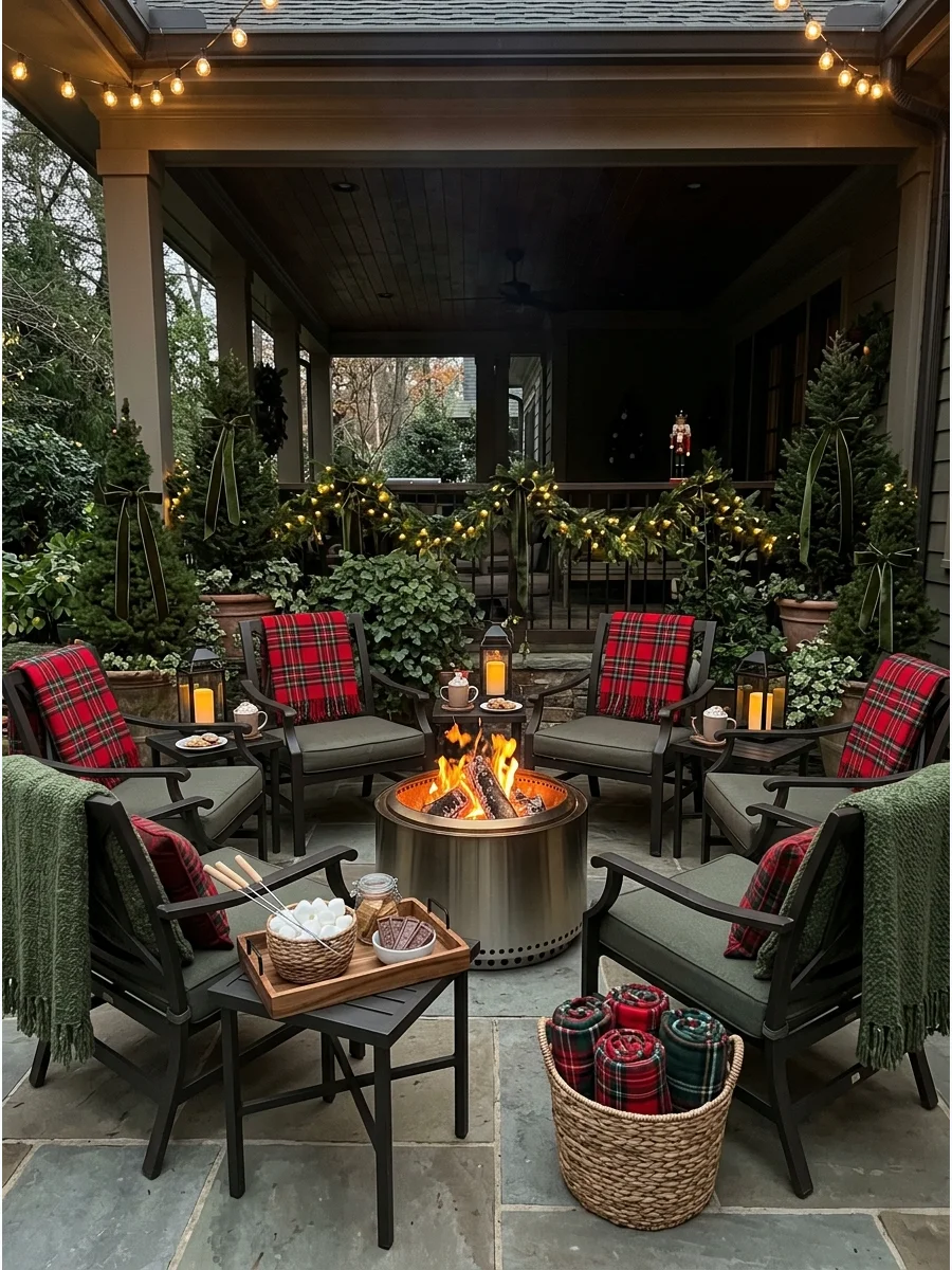 A cozy outdoor fire pit lounge with Christmas blankets.