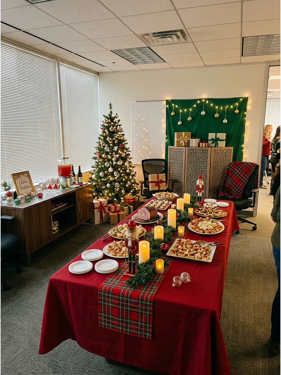 An office conference room transformed into a Christmas party space.