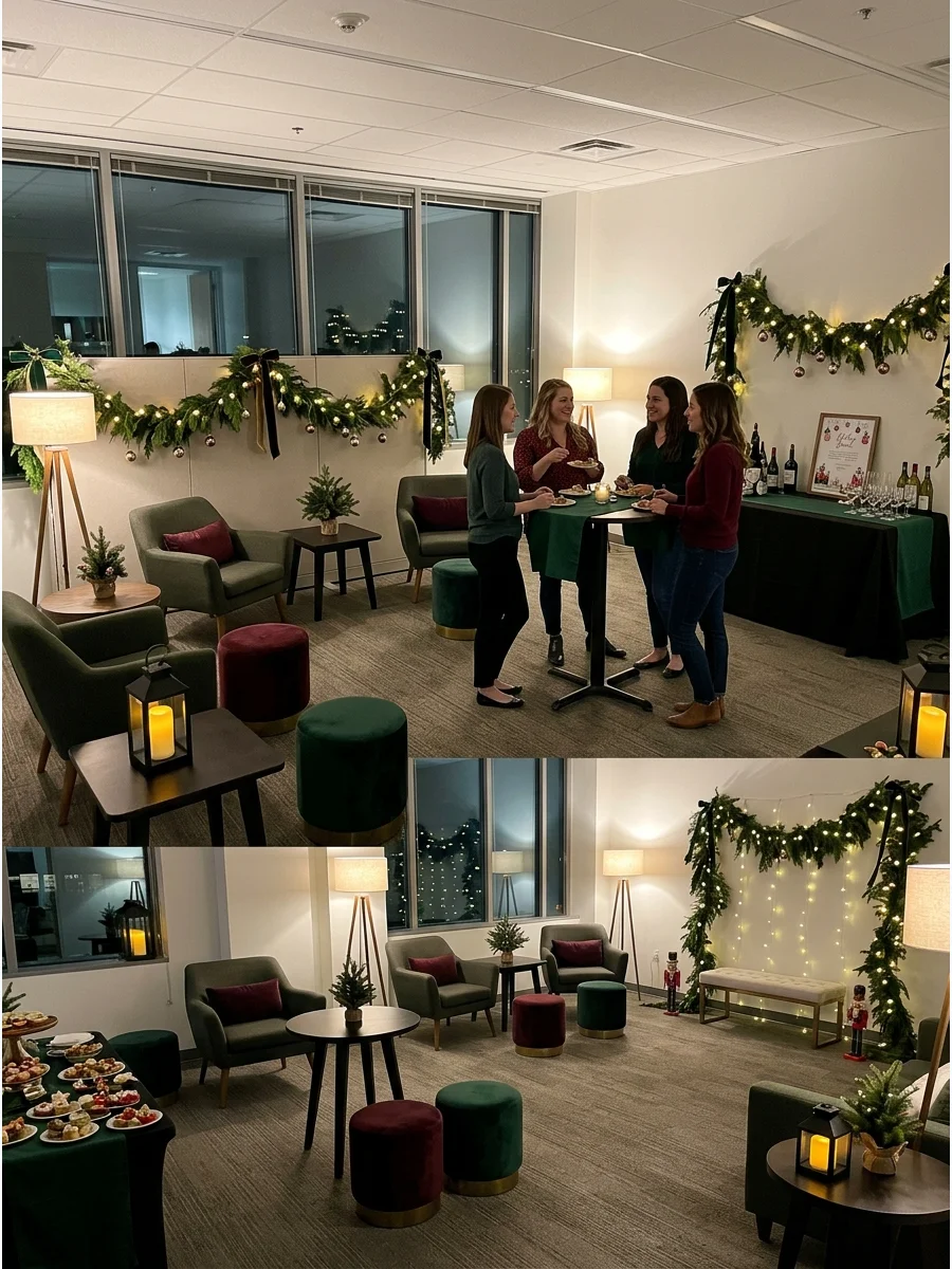 A festive office lounge area with cocktail tables.