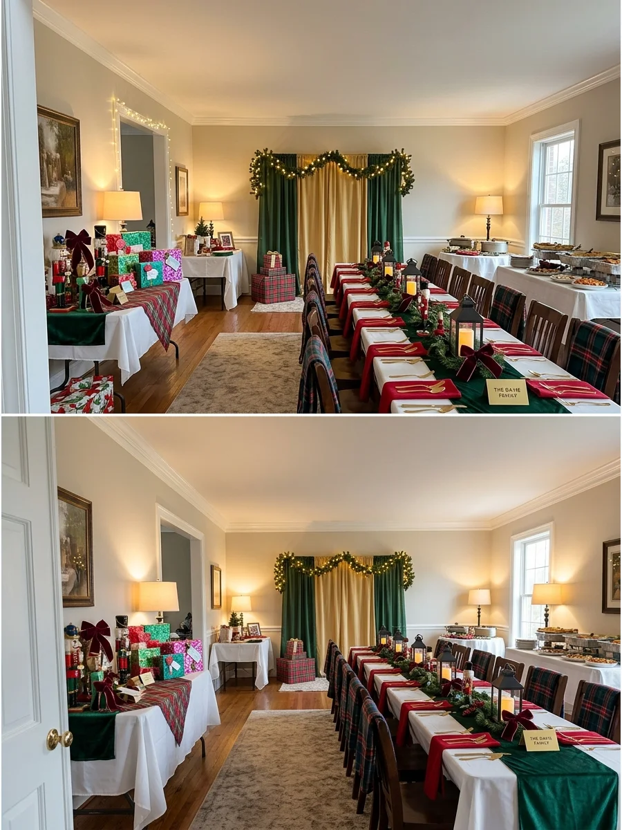 A long banquet table set for a large family Christmas dinner.