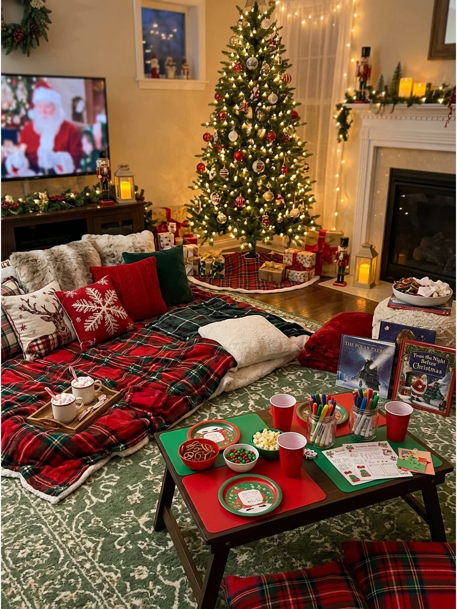 A kid-friendly pajama party setup with pillows on the floor.