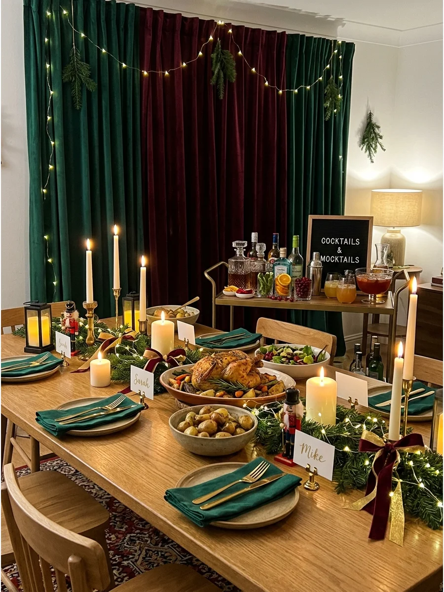 An elegant Friendsmas dinner table with gold and green decor.