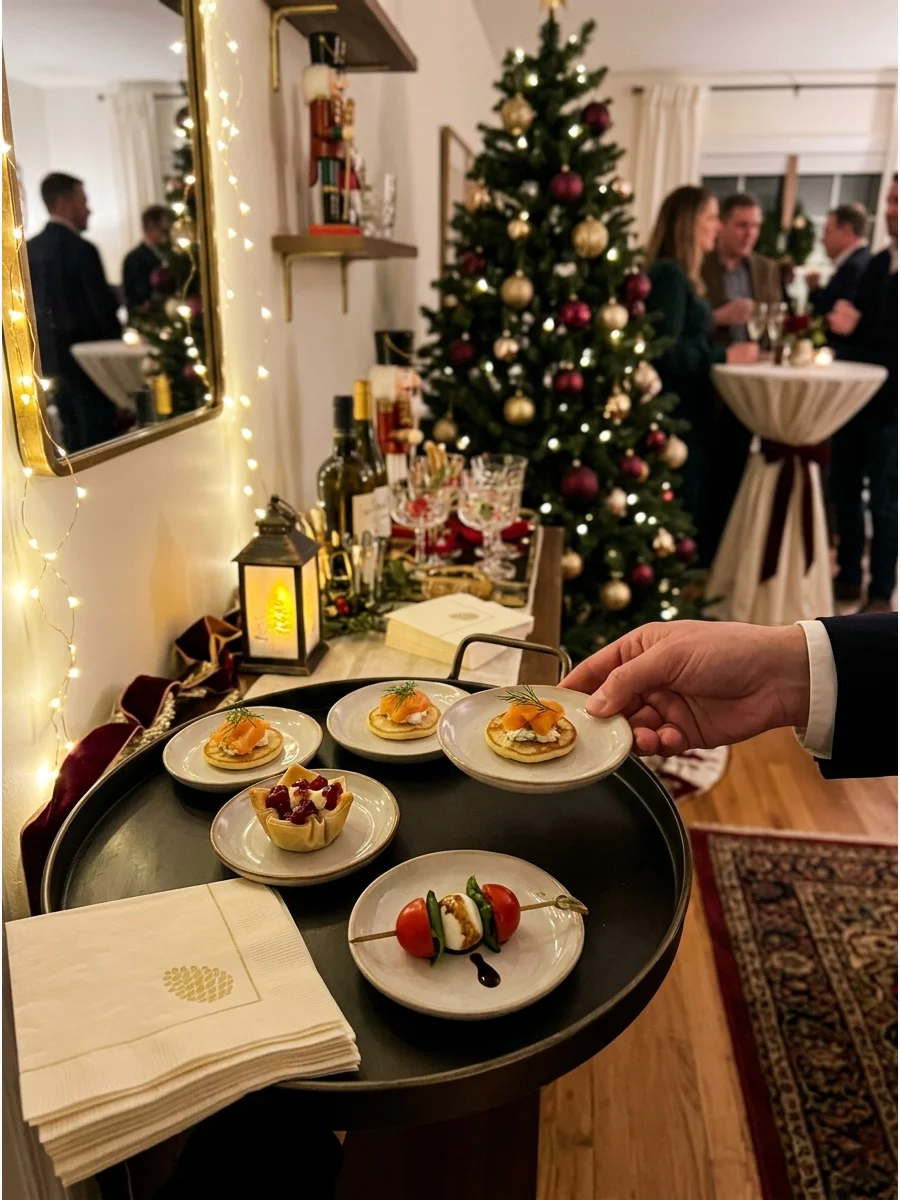 A Christmas cocktail party layout with high-top tables.