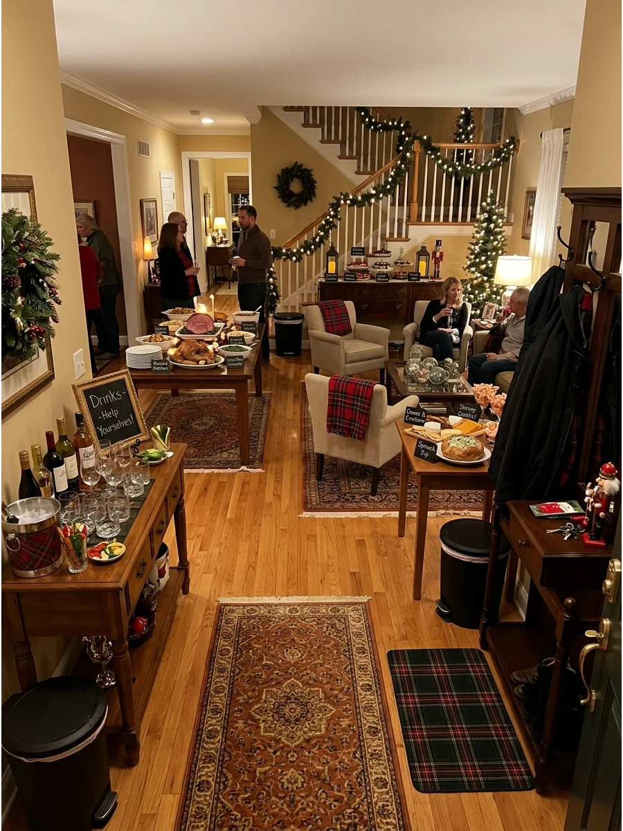 An open house party layout showing clear guest flow.