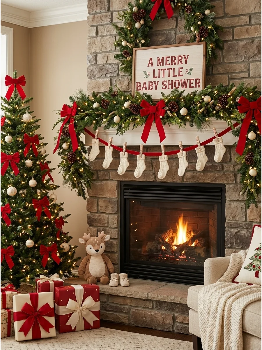 A fireplace mantle decorated with greenery and baby socks for a Christmas baby shower.