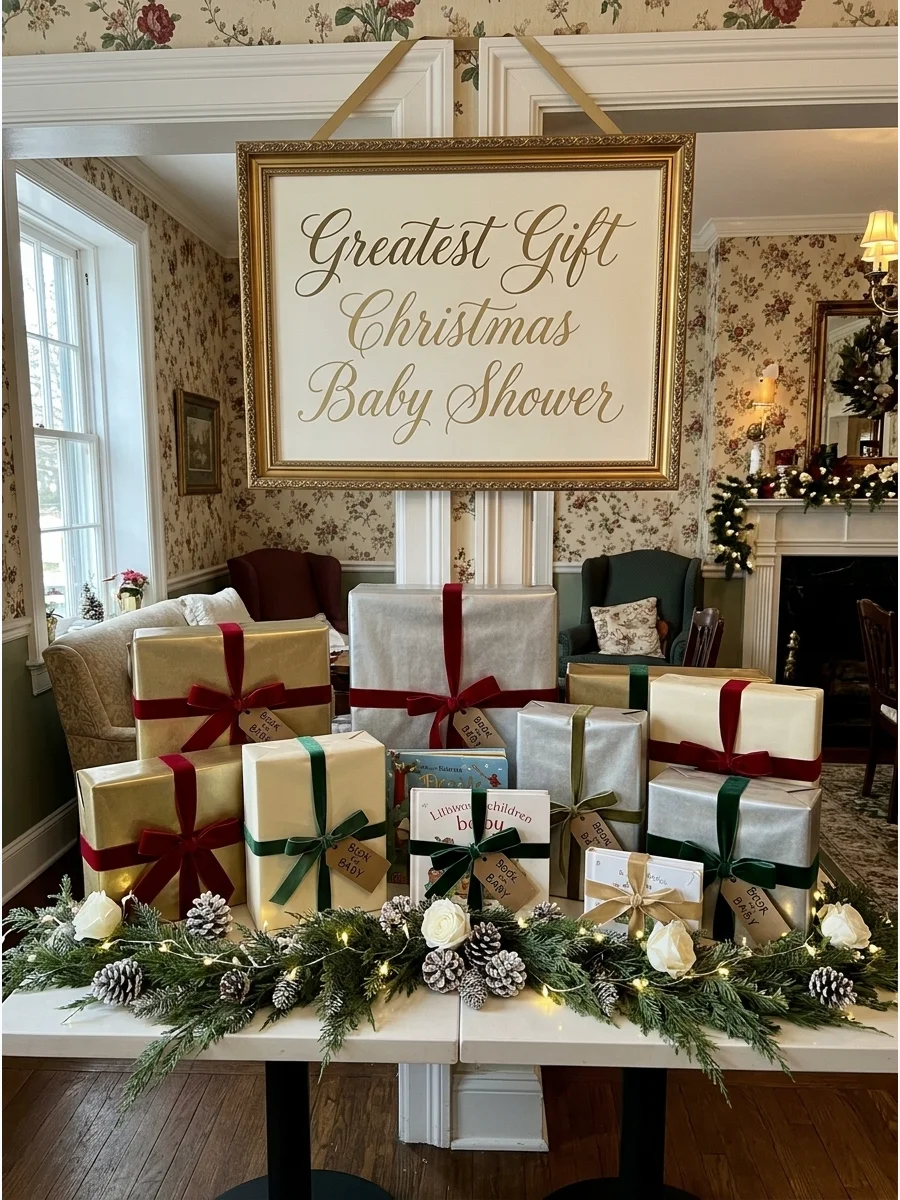 A gift table with silver and gold wrapped presents and an elegant banner.