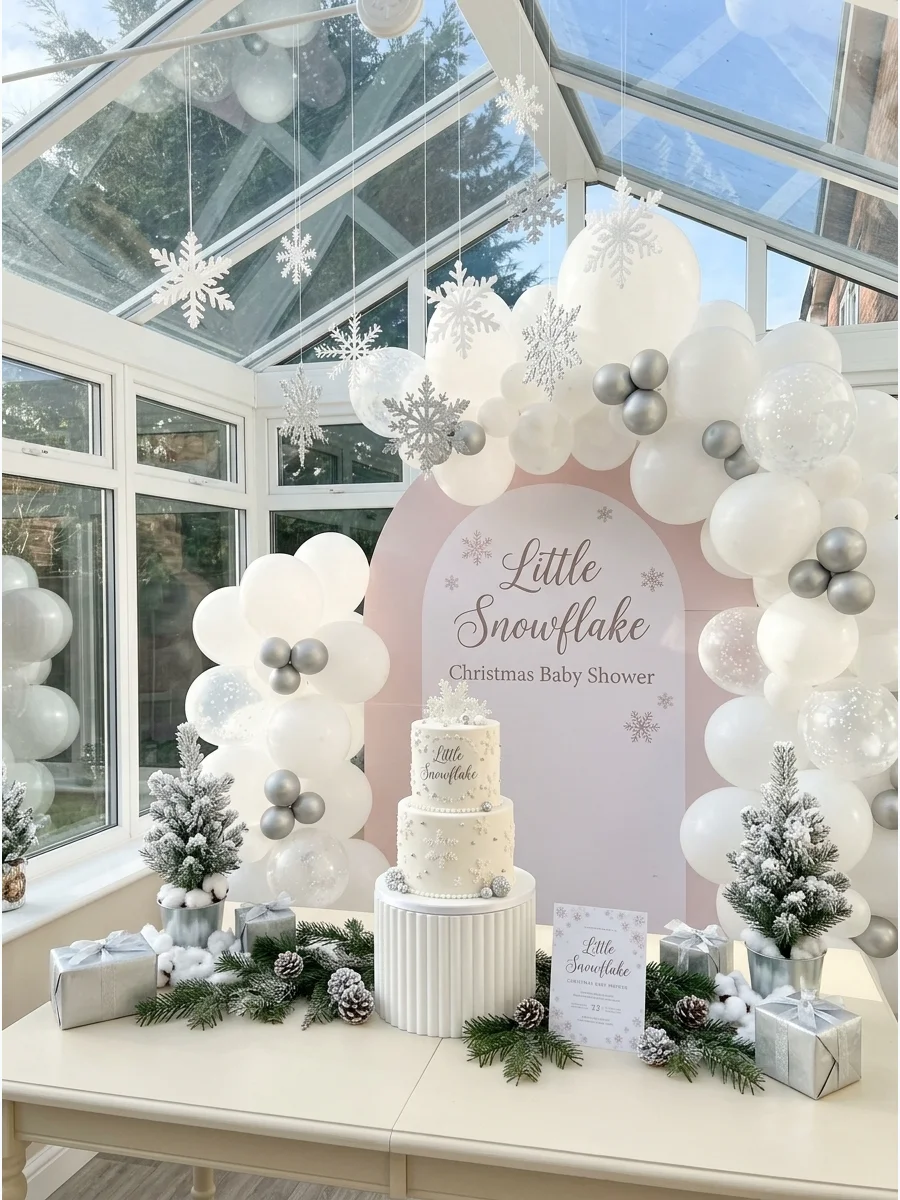 A sunroom decorated with hanging paper snowflakes and a cream dessert table for a baby shower.