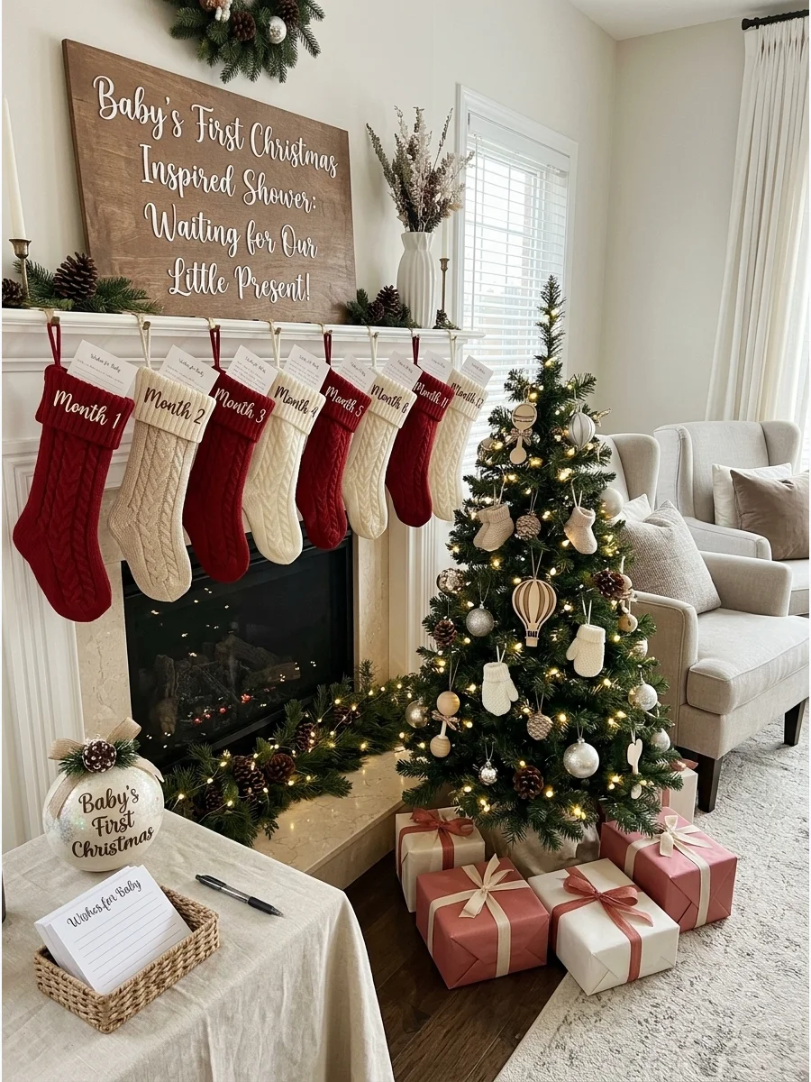A fireplace mantle with tiny stockings and a small Christmas tree decorated with baby booties.