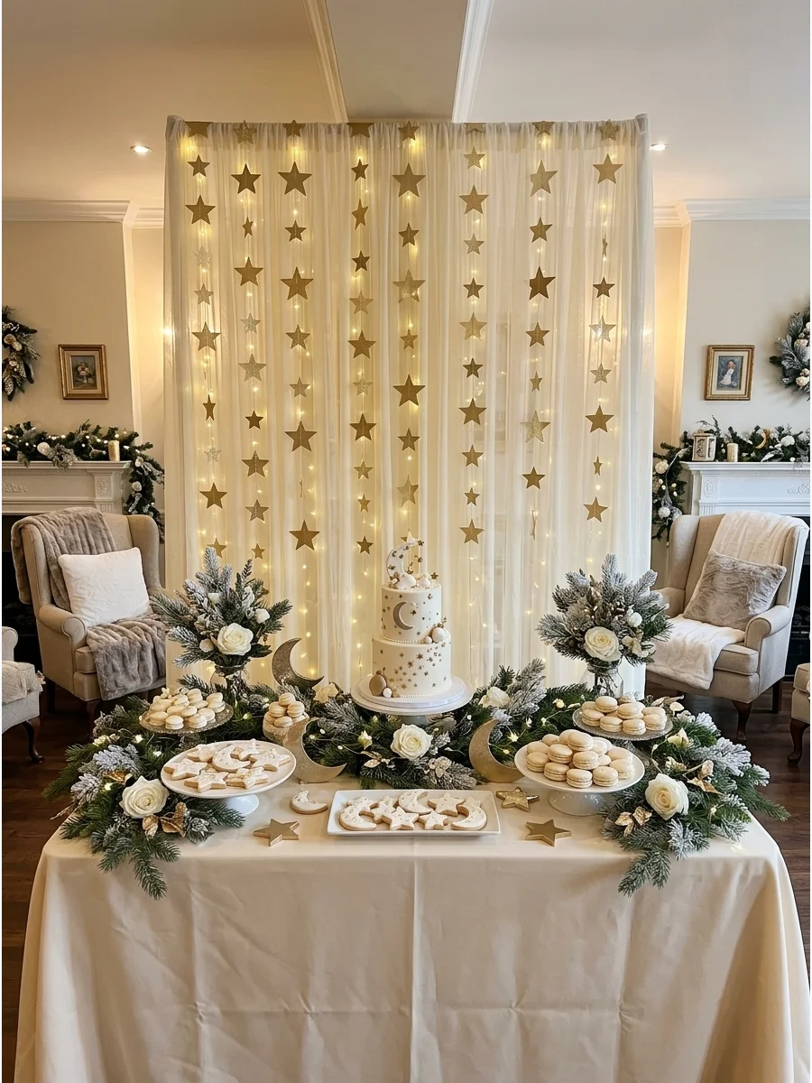 A tea room featuring gold star decorations and twinkling fairy lights on the walls.
