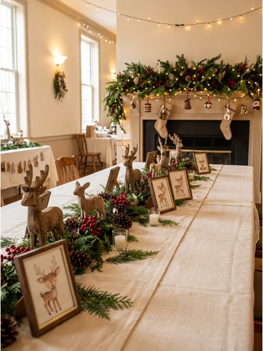A long wooden table set with reindeer figurines and pinecones in a community hall.