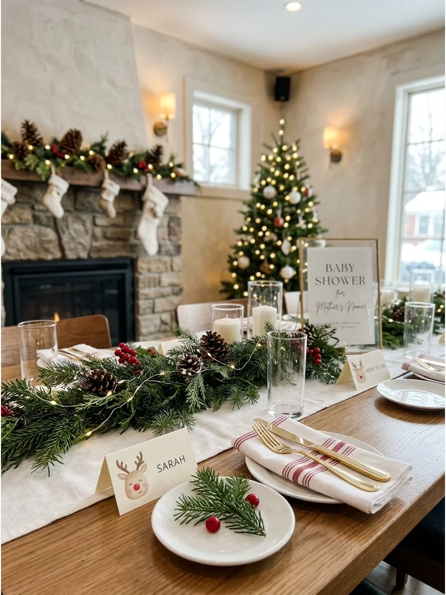 A restaurant dining table with reindeer place cards and festive green centerpieces.