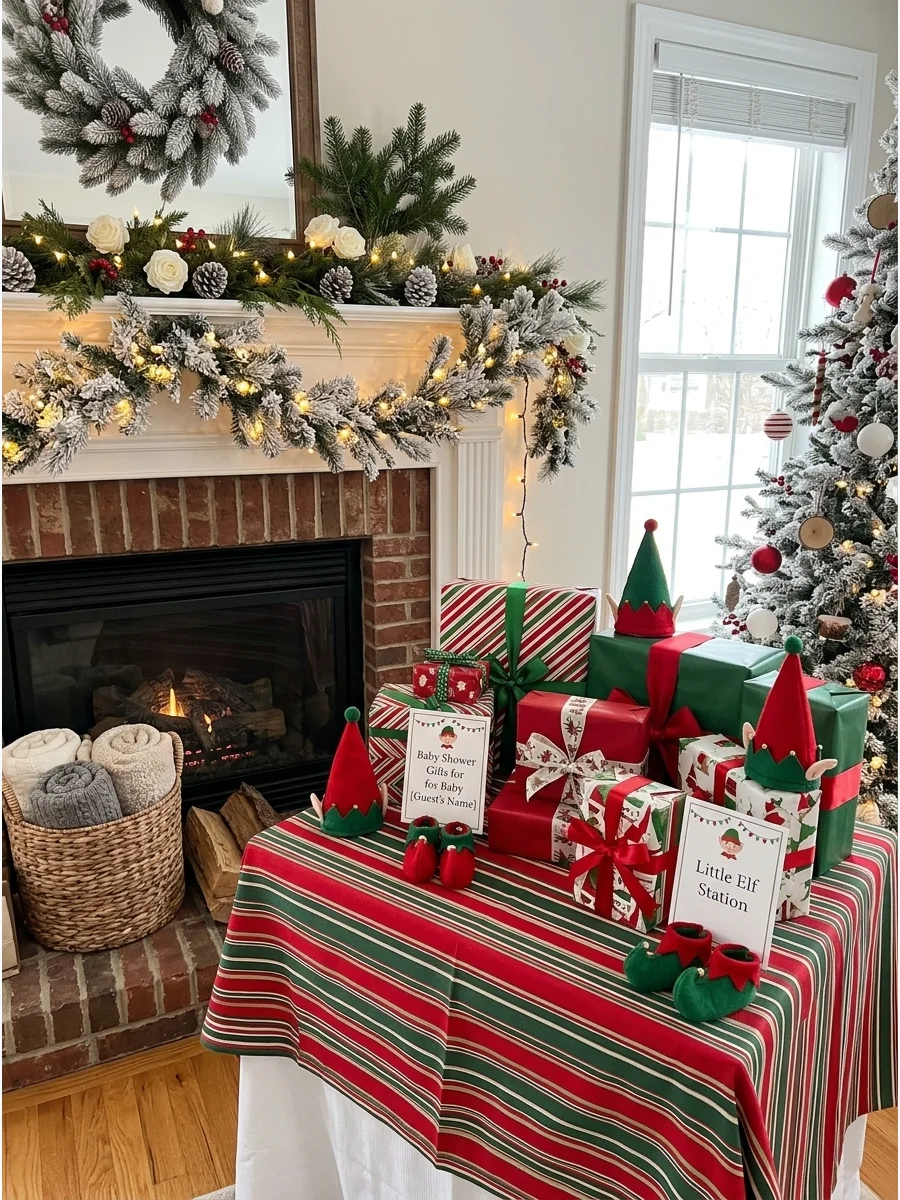 A gift table with striped wrapping paper and small elf hats in a cozy living room.