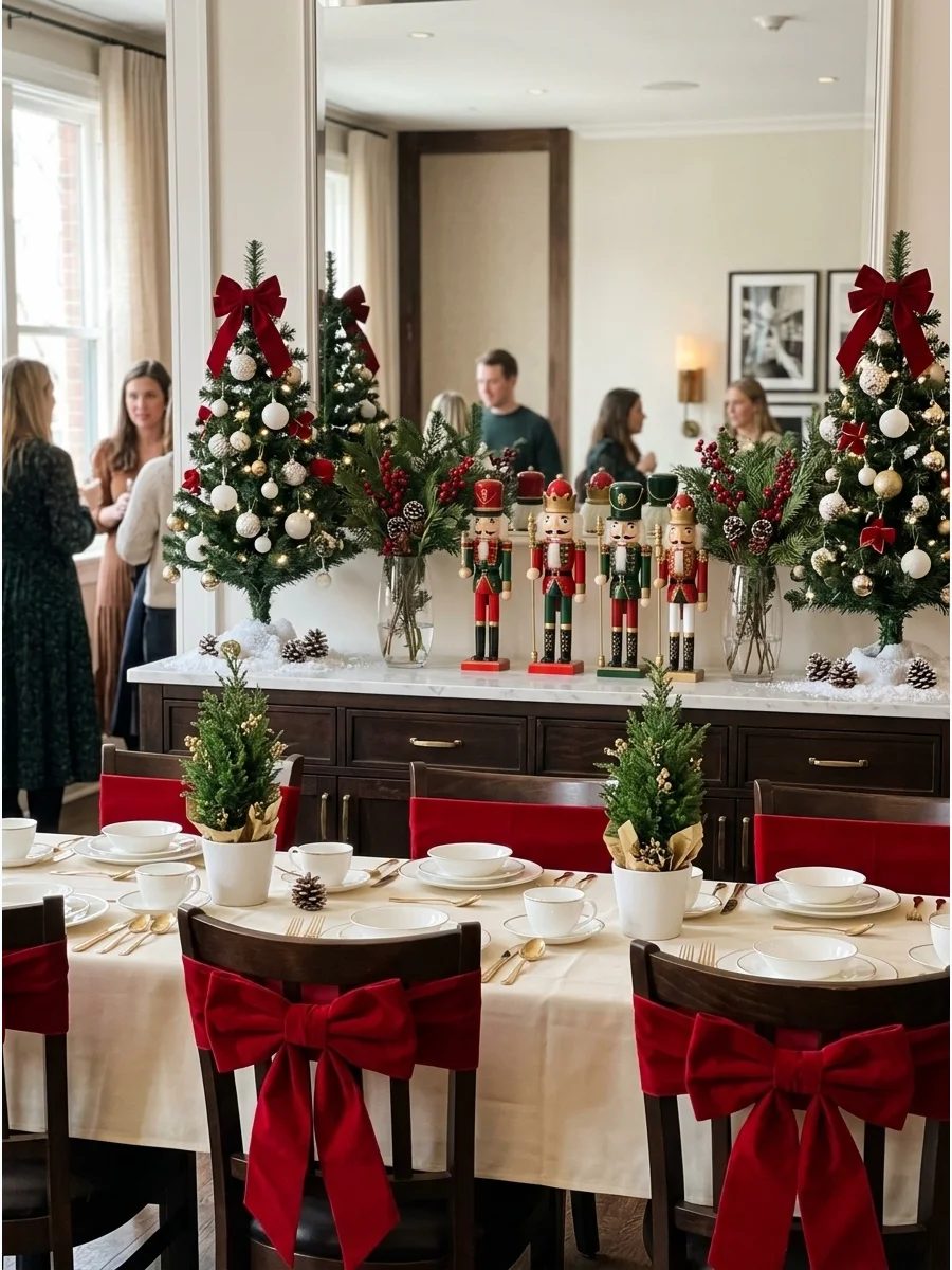 A boutique restaurant dining room decorated with nutcrackers and red velvet chair bows.