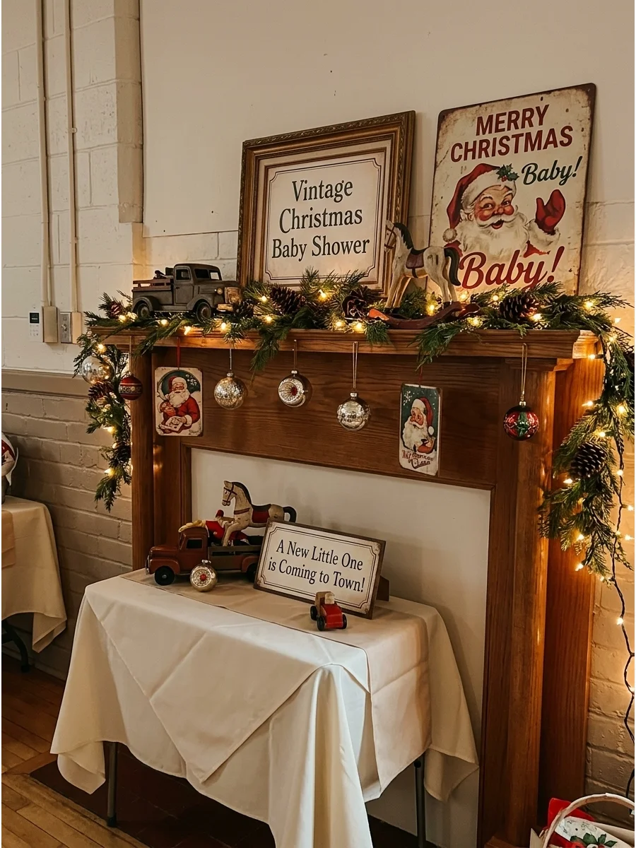 A fireplace mantle in a community hall decorated with vintage glass ornaments and a Santa sign.