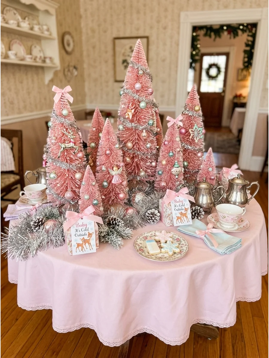 A tea room table decorated with pink bottlebrush trees and silver holiday accents.