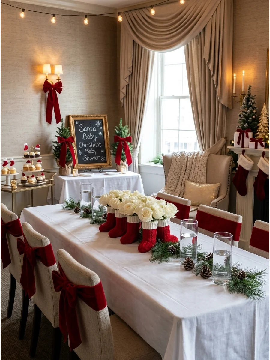 A dining table set for a Santa Baby themed shower with red and white decor.