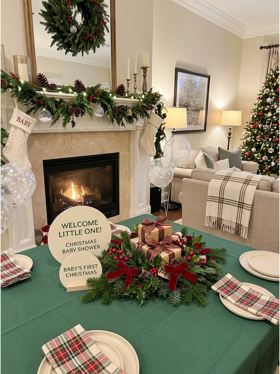 A living room set for a baby shower with green linens and red berry centerpieces.
