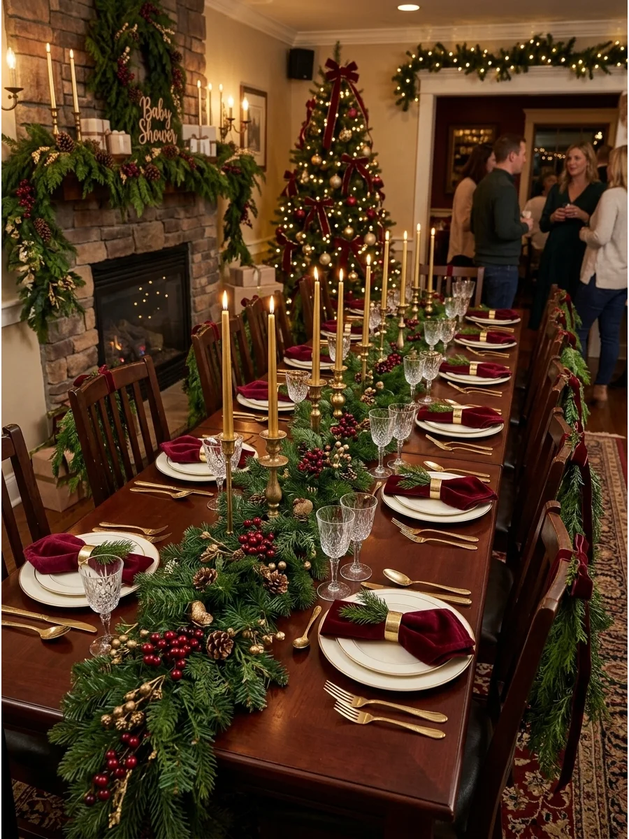 A sophisticated dining table with burgundy velvet napkins and evergreen garlands.