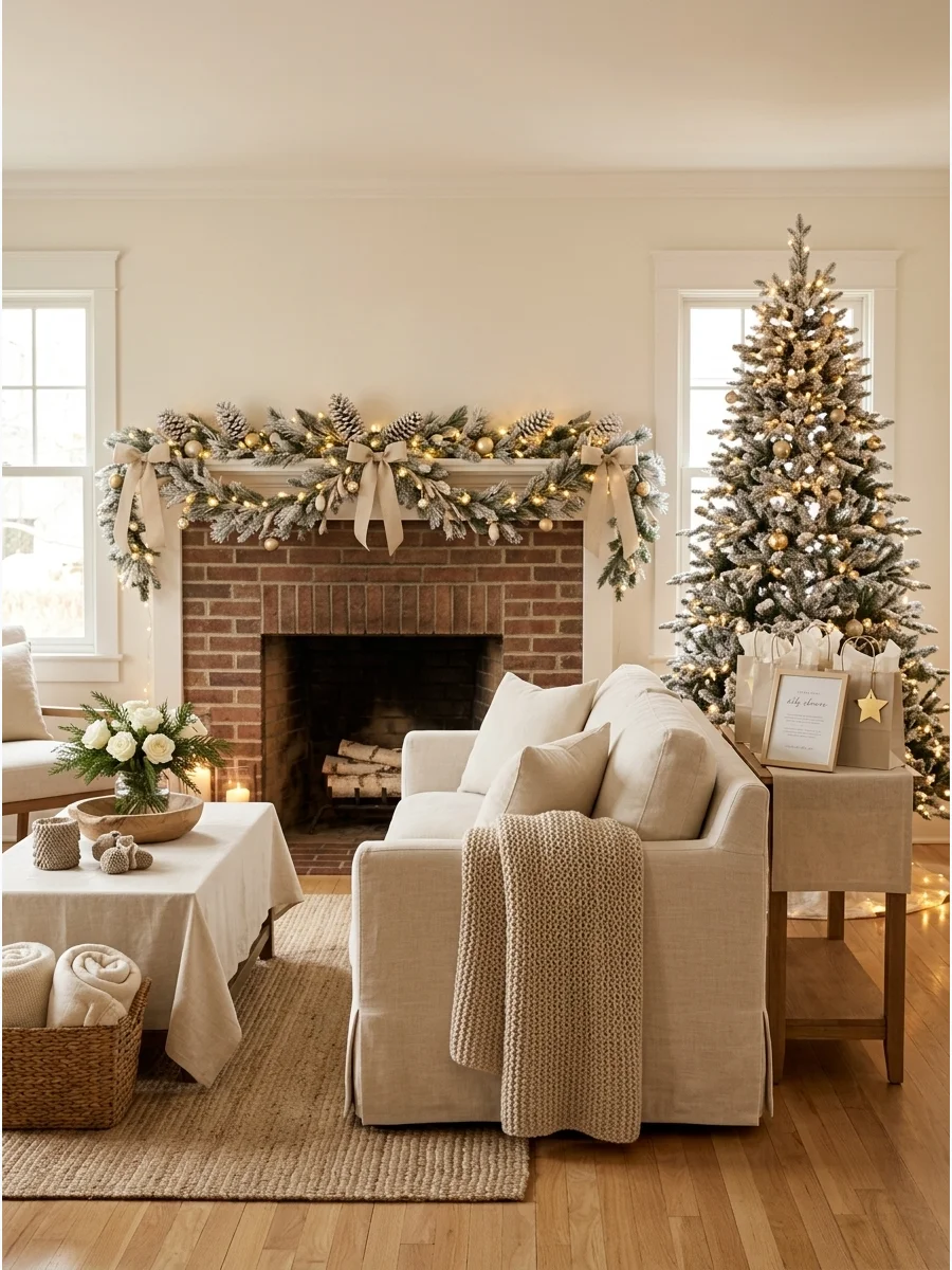 A neutral holiday living room with cream textiles and warm white lights.