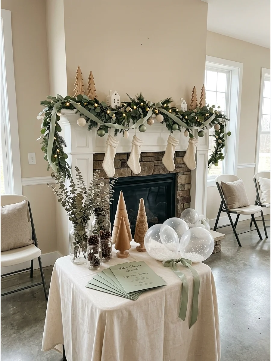 A fireplace mantle decorated with sage green ribbon and eucalyptus branches.
