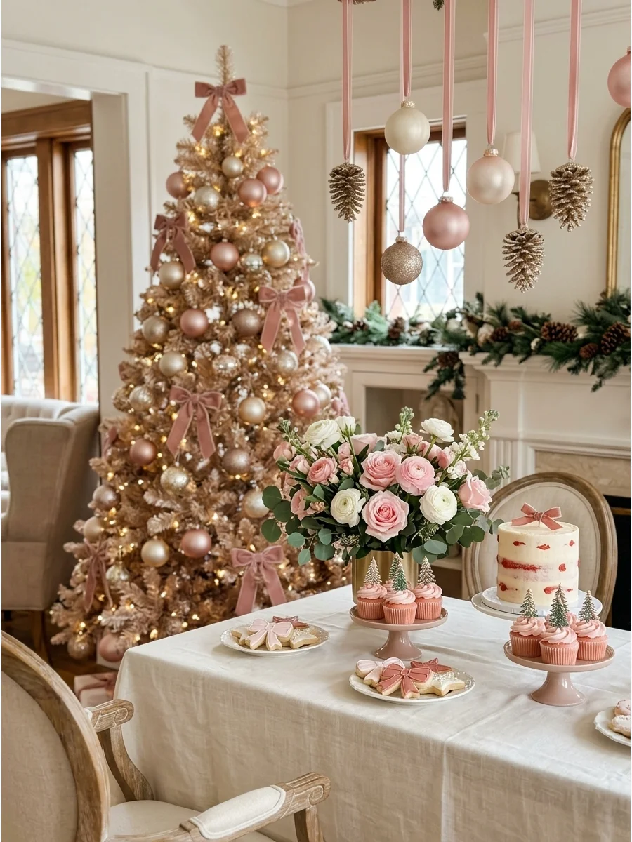 A champagne Christmas tree decorated with pink ornaments and velvet bows.