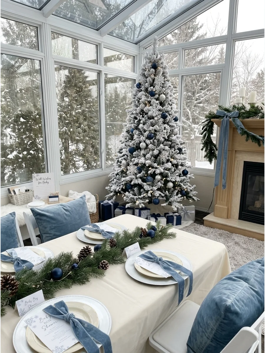 A wintery blue and silver baby shower setup in a bright sunroom.