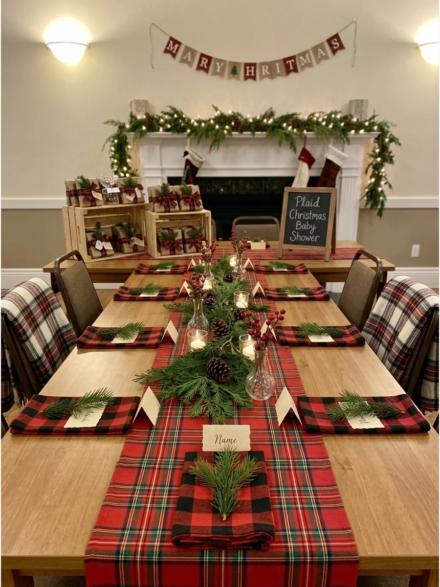 Wooden tables with red and green tartan runners and pine sprig accents.
