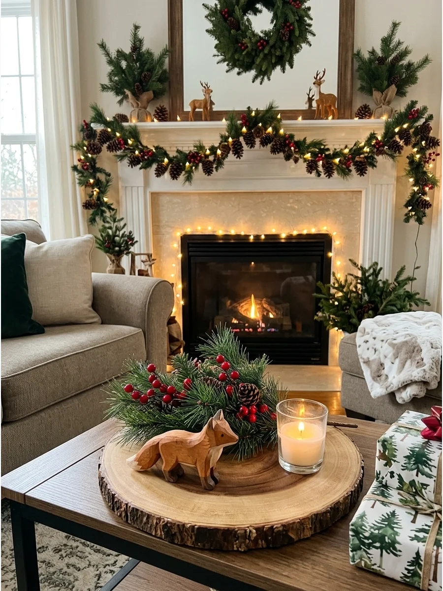 Woodland-themed baby shower decor with wooden animal figures and pine branches.