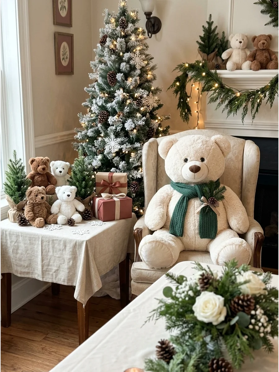 A teddy bear wearing a scarf sitting near miniature Christmas trees.