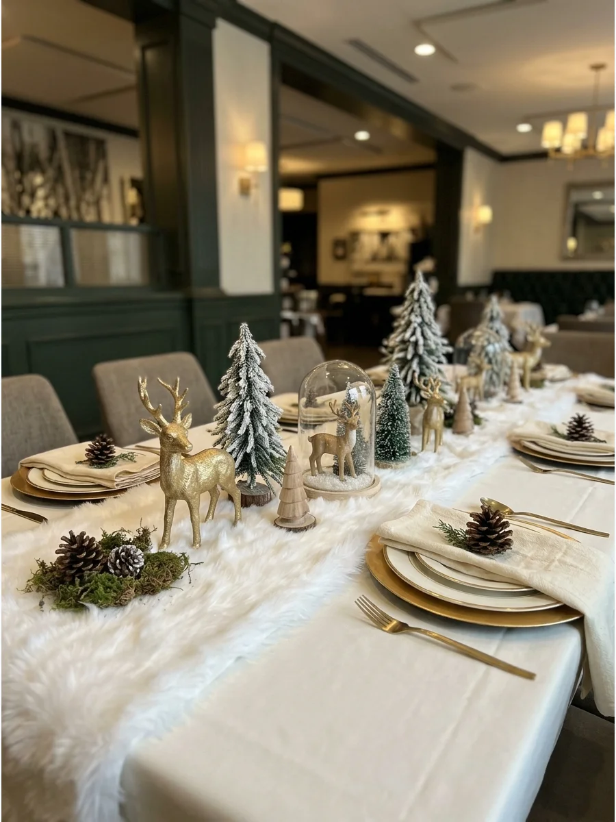 A dining table with gold deer figurines and a white faux-fur runner.