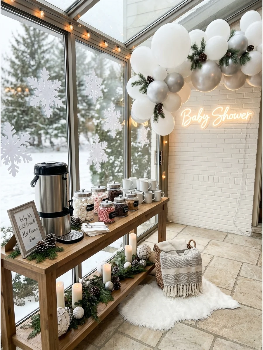 A hot cocoa station with silver thermoses and snowflake decorations in a sunroom.