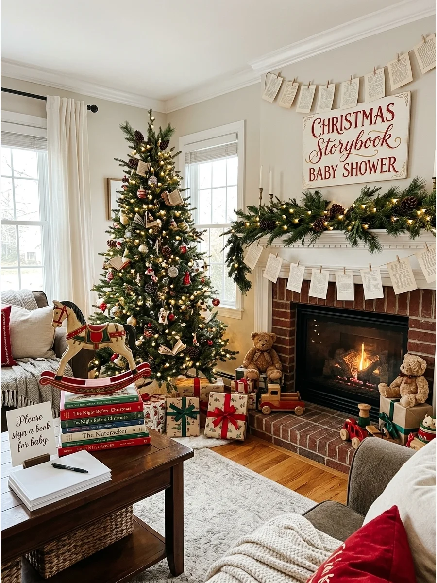 Children's Christmas books stacked next to a vintage wooden rocking horse.