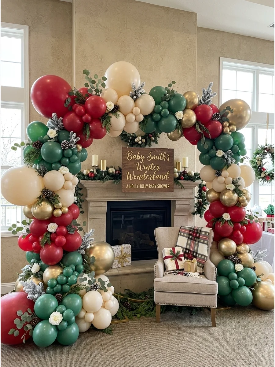 A cream and green balloon arch decorated with evergreen sprigs.