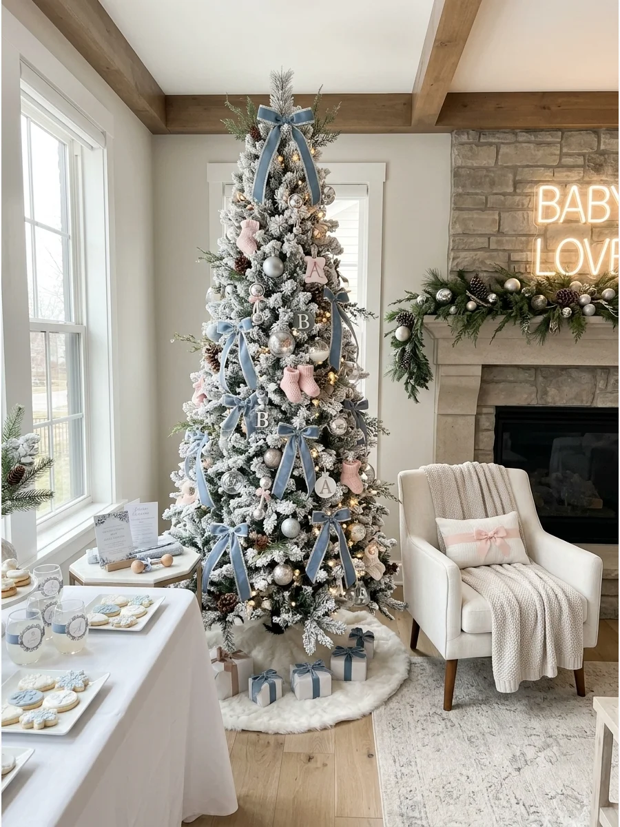 A white flocked Christmas tree with pink ornaments and baby socks.
