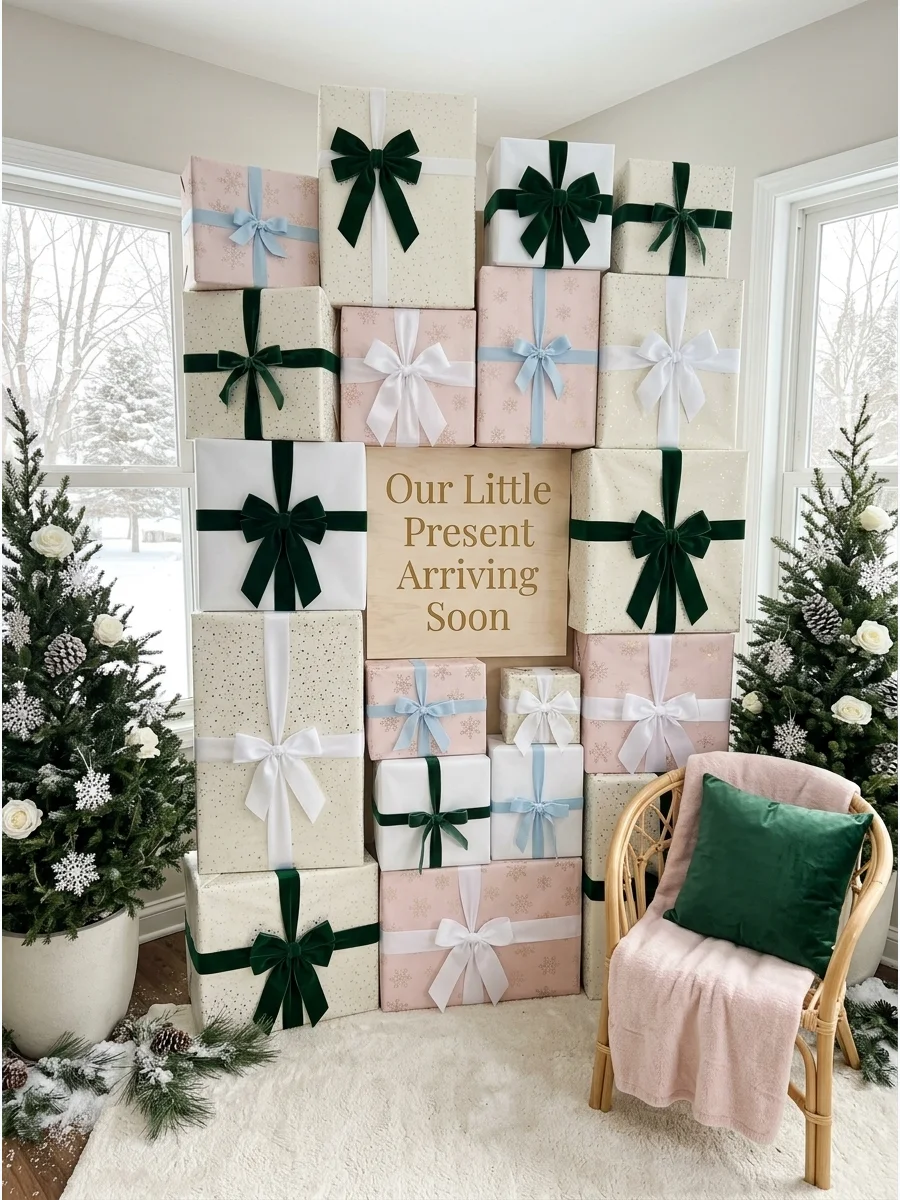 A stack of gold and ivory wrapped gift boxes used as a backdrop.
