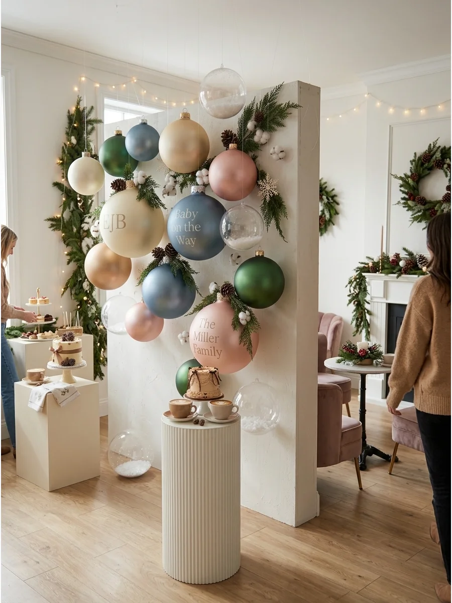 Christmas Ornament Baby Shower Backdrop support view 1