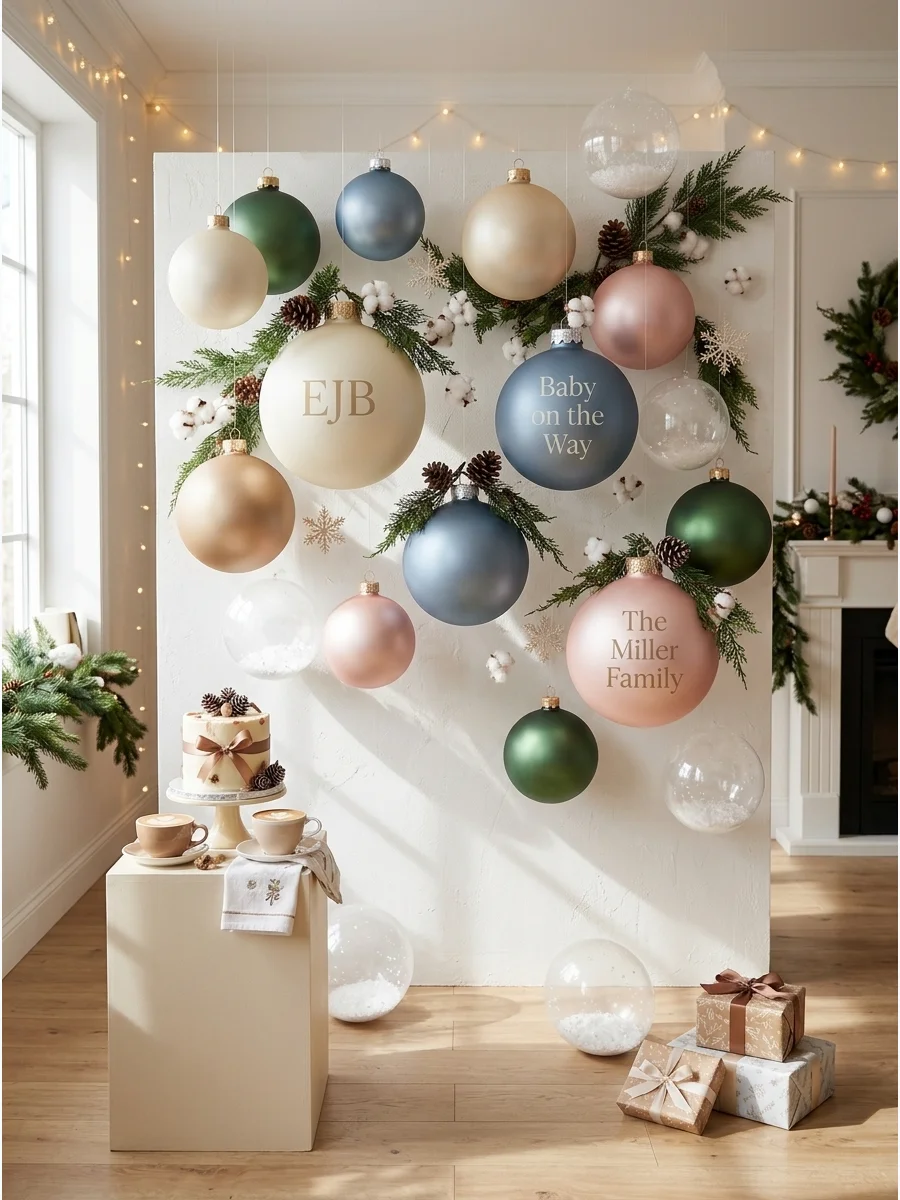 Oversized silver and blue ornaments hanging from a ceiling at different heights.