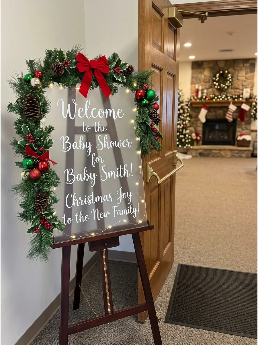 A frosted welcome sign with a pine garland on a wooden easel.