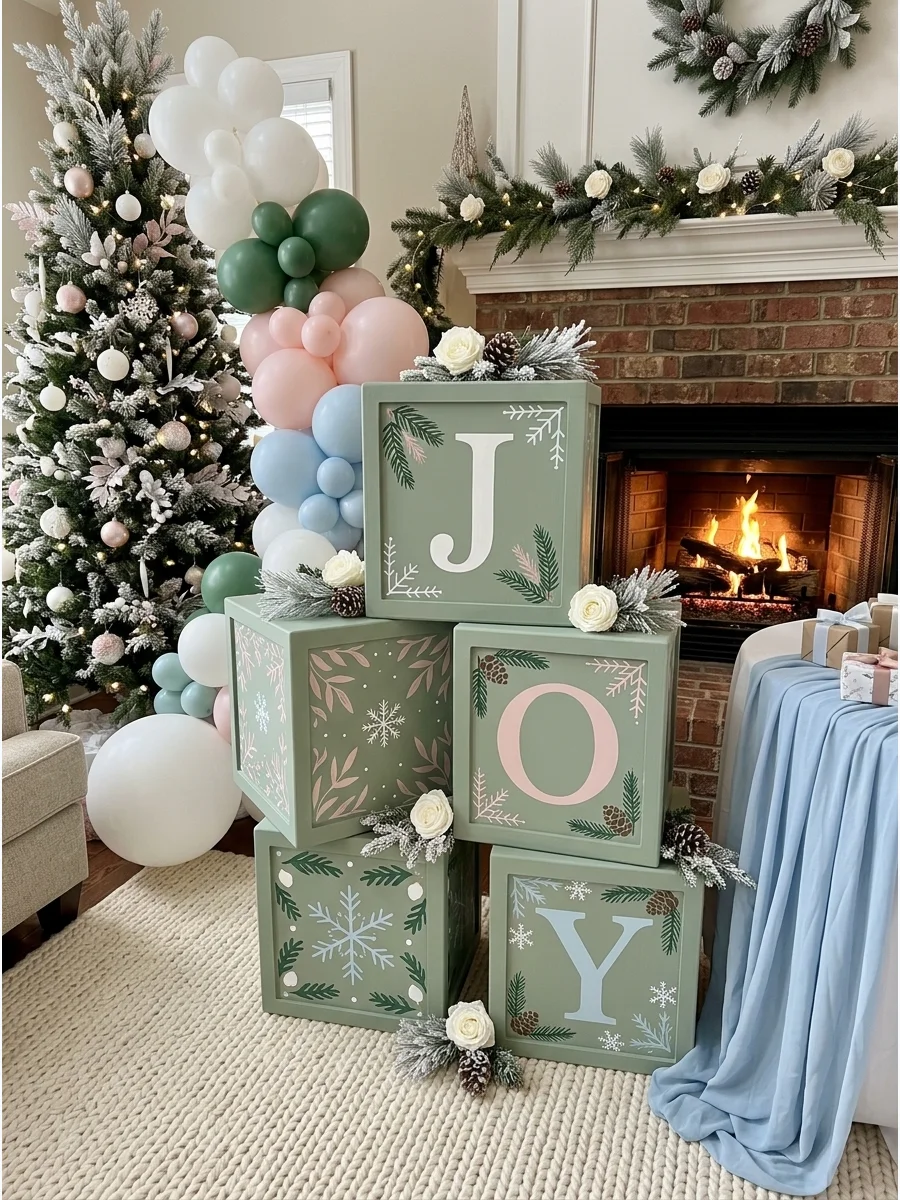 Large wooden blocks spelling JOY decorated for Christmas.